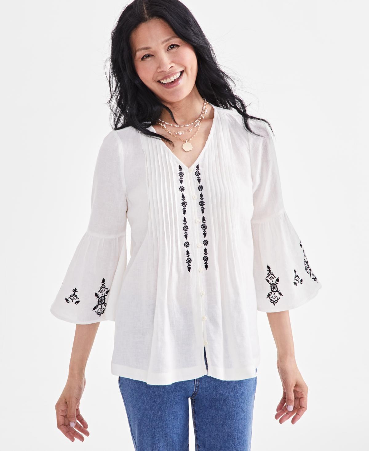 Style & Co Womens V-Neck Pintuck Embroidery Top, Created for Macys Product Image