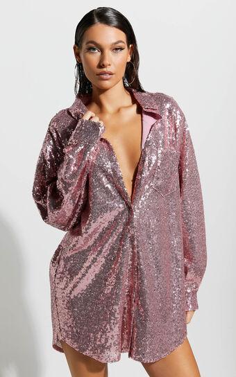 Cally Mini Dress - Oversized Shirt Dress in Lilac Sequin Product Image