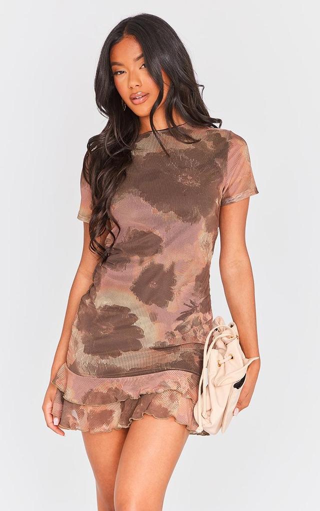 Brown Floral Print Tiered Short Sleeve Shift Dress Product Image