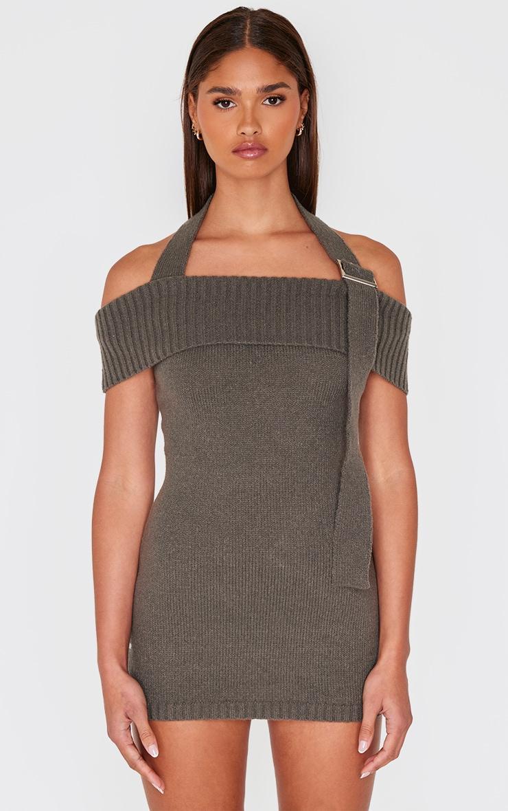 Dark Grey Knitted Fold Over Buckle Detail Mini Dress Product Image