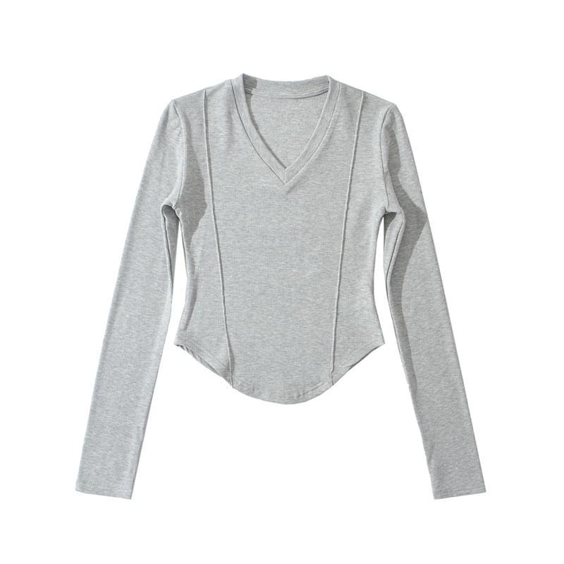 Long Sleeve V Neck Plain Cropped Tee Product Image