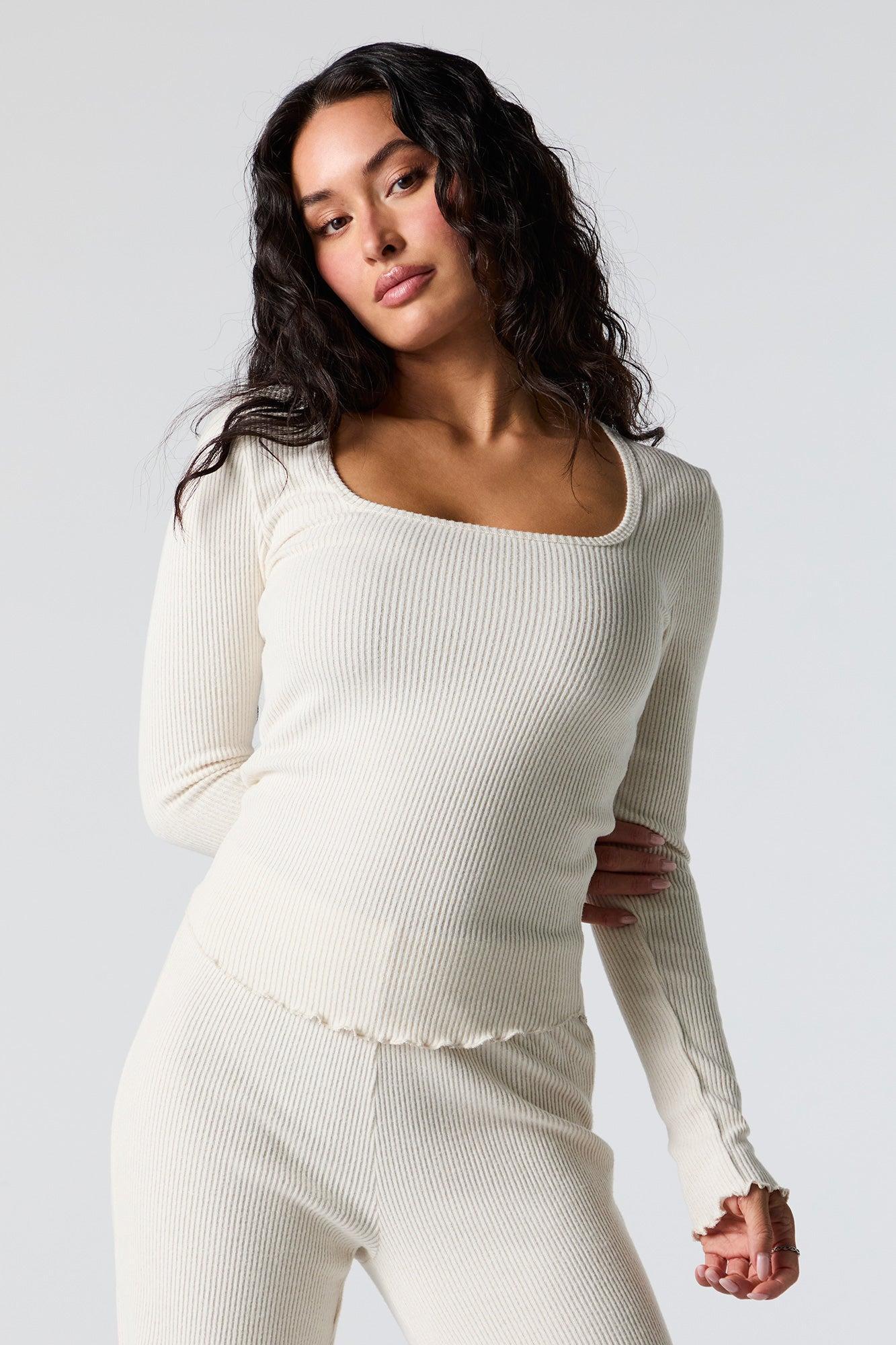 Ribbed Knit Square Neck Long Sleeve Top Female product image