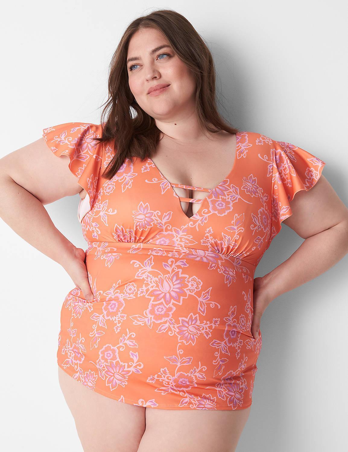 Lane Bryant No-Wire Flutter-Sleeve Swim Tankini Top 10 Nectarine Floral Product Image