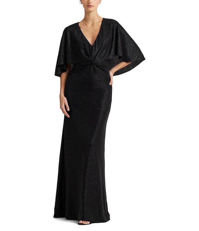 Lauren Ralph Lauren Metallic Knit V-Neck Cape Twist Front Gown Product Image