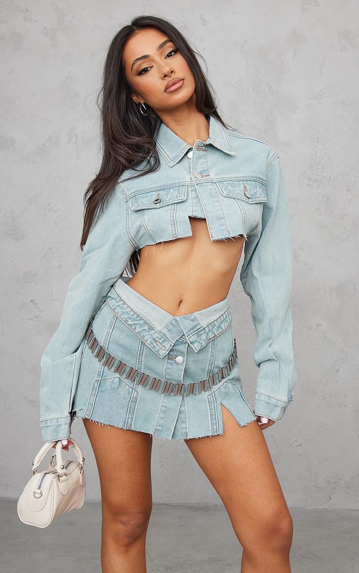 Petite Light Blue Wash Distressed Button Front Denim Micro Mini Skirt Product Image