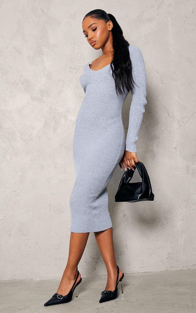 Grey V Neck Knit Midi Dress Product Image