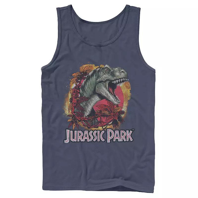 Mens Jurassic Park T-Rex Explosion Tropical Logo Tank Top Blue Product Image