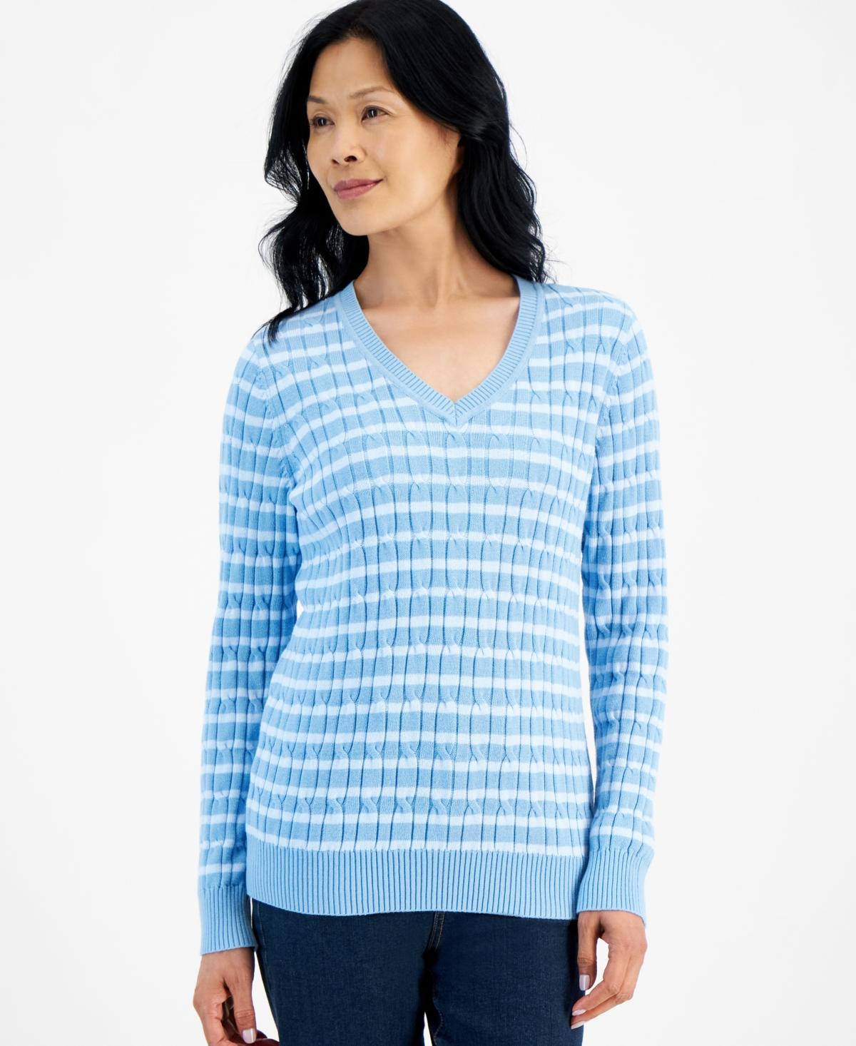 Style & Co Womens Cotton Striped Cable-Knit V-Neck Sweater, Created for Macys Product Image