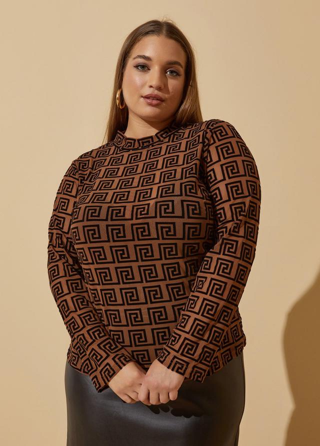 Plus Size Greek Key Flocked Mesh Top Ashley Stewart Product Image