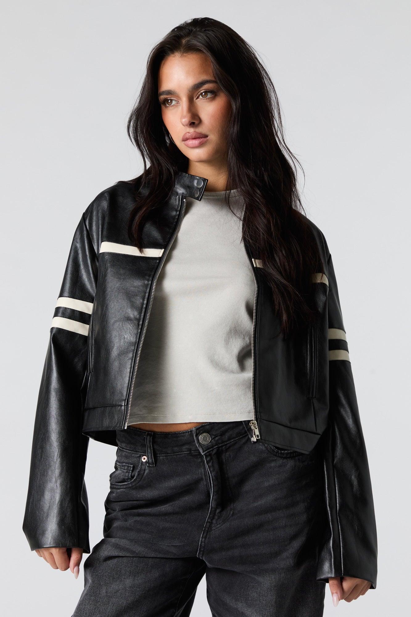 Faux Leather Contrast Striped Moto Jacket Female product image