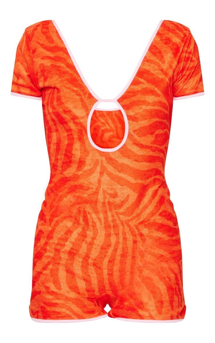 Orange Animal Print Toweling Contrast Seam Romper Product Image