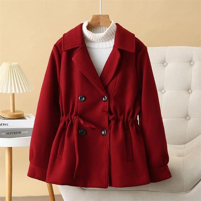 Plus Size Lapel Collar Plain Drawstring Waist Double-Breasted Coat Product Image