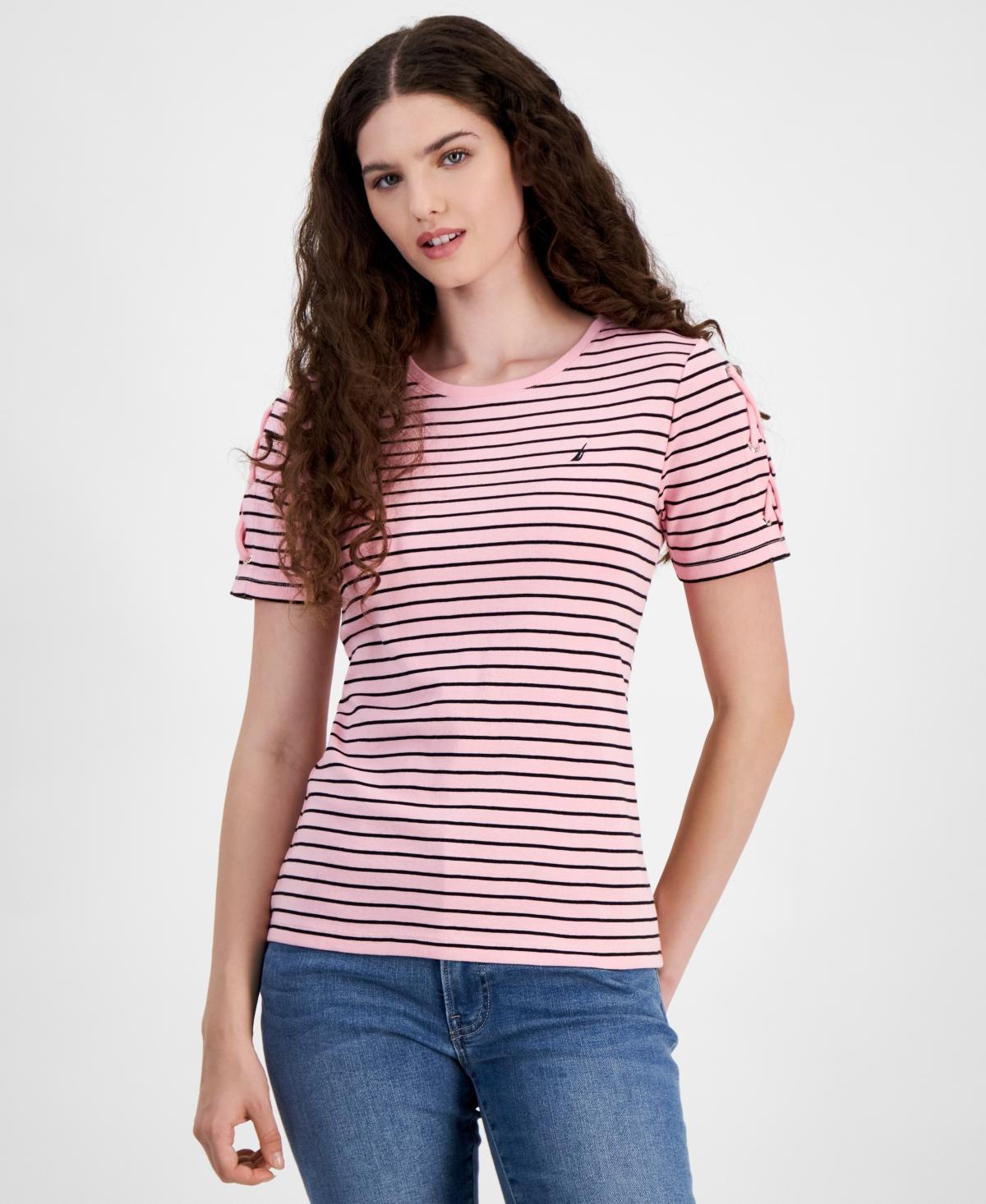 Nautica Jeans Womens Striped Lace-Up Short-Sleeve T-Shirt Product Image