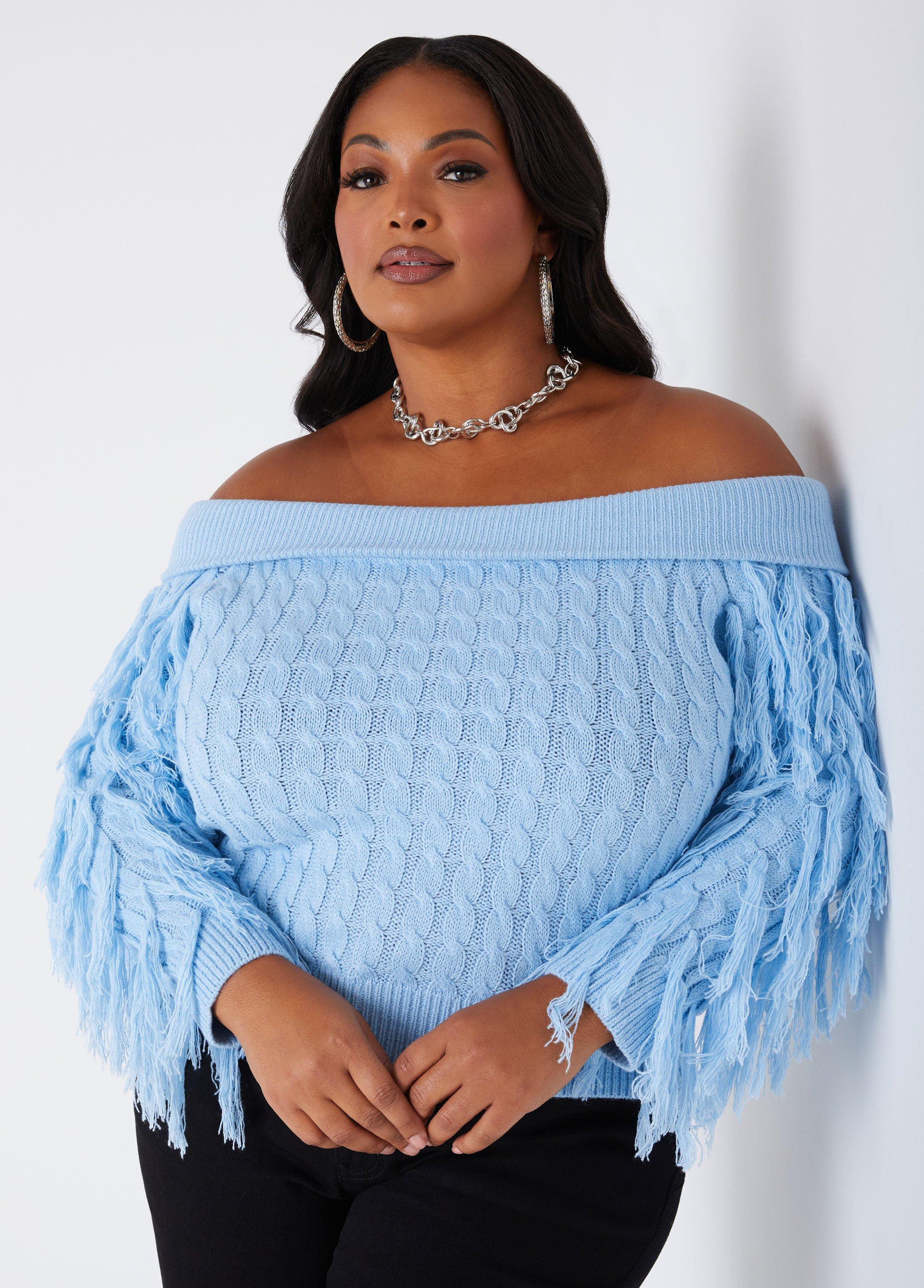 Plus Size Off The Shoulder Fringed Sweater Ashley Stewart Product Image