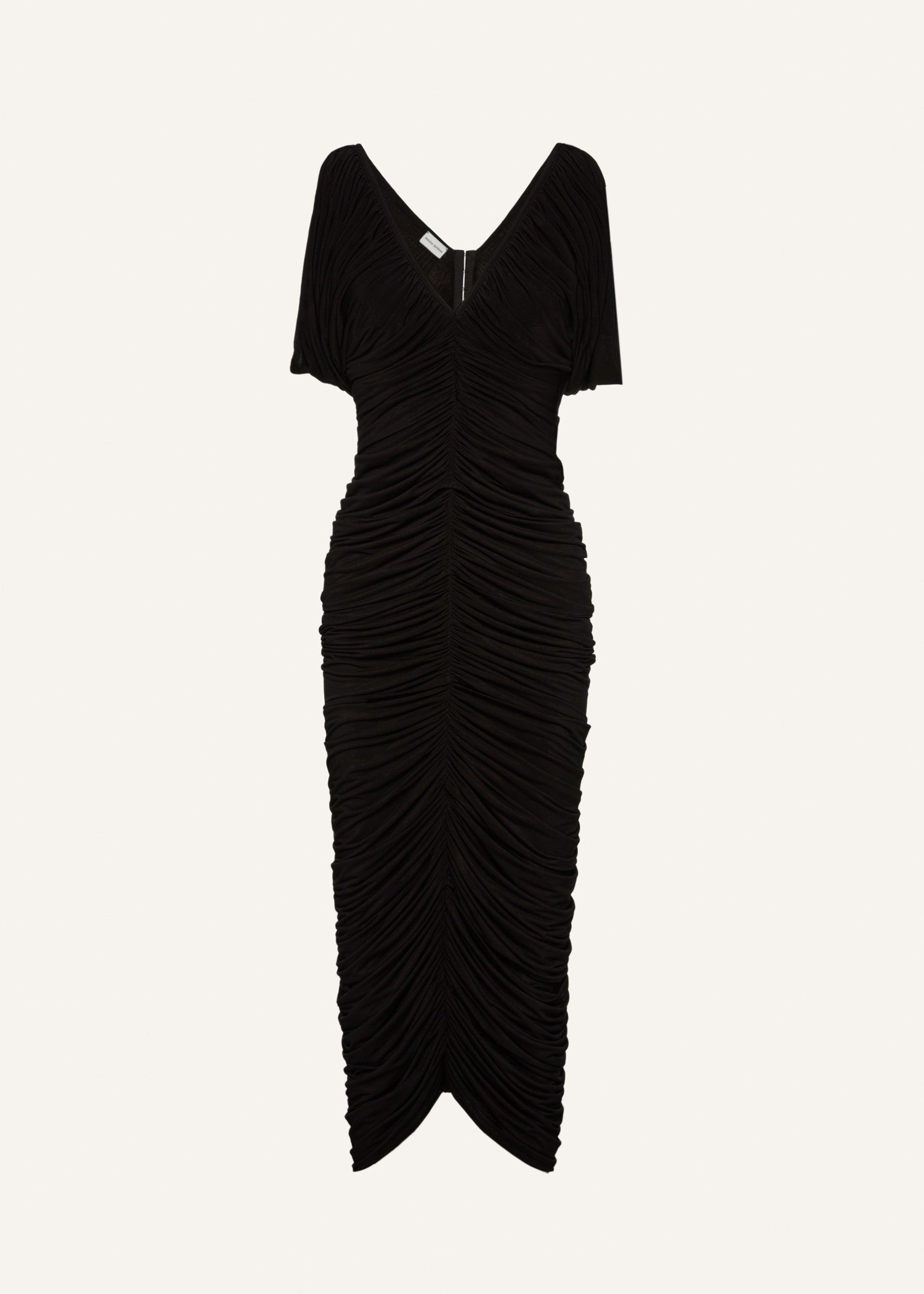 Ruched v neck midi dress in black Product Image