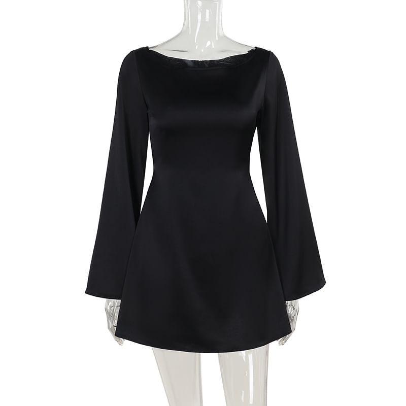 Long Sleeve Round Neck Plain Satin Mini A-Line Dress Product Image