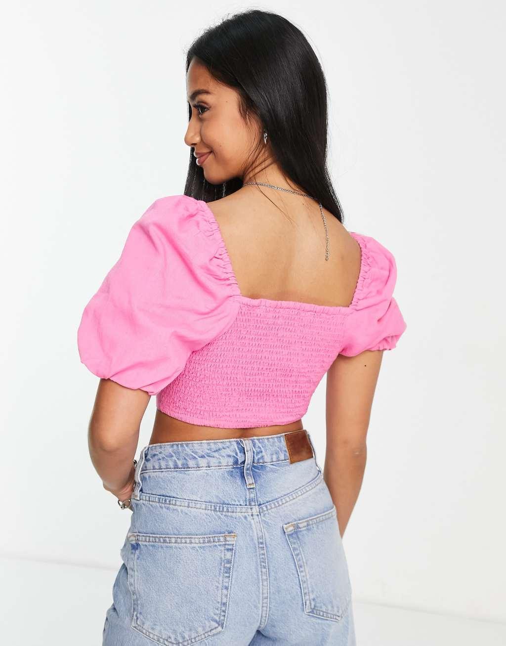 River Island Petite milkmaid top in bright pink Product Image