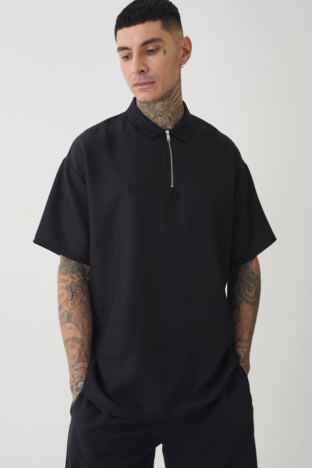 Tall Zip Up Linen Polo In Black | boohooMAN USA Product Image