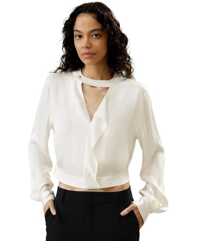 V Neck Collared Silk Shirt for Women Product Image