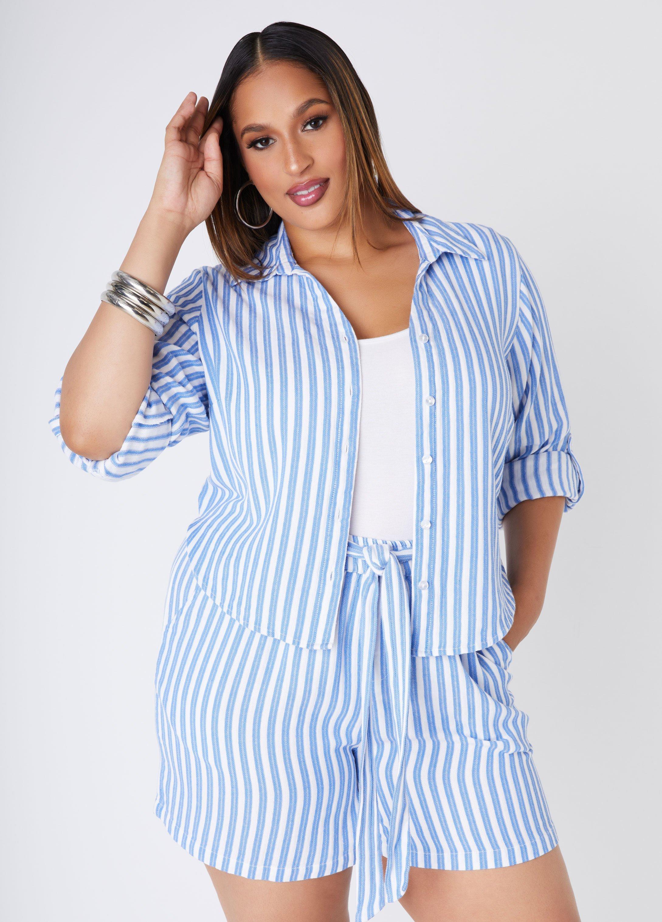 Plus Size Cropped Striped Gauze Shirt Ashley Stewart product image