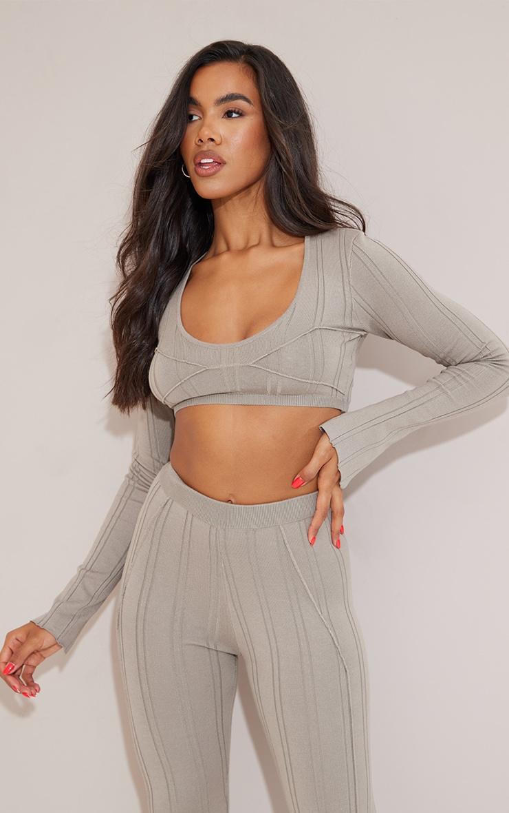 Mocha Contrast Binding Long Sleeve Crop Top Product Image