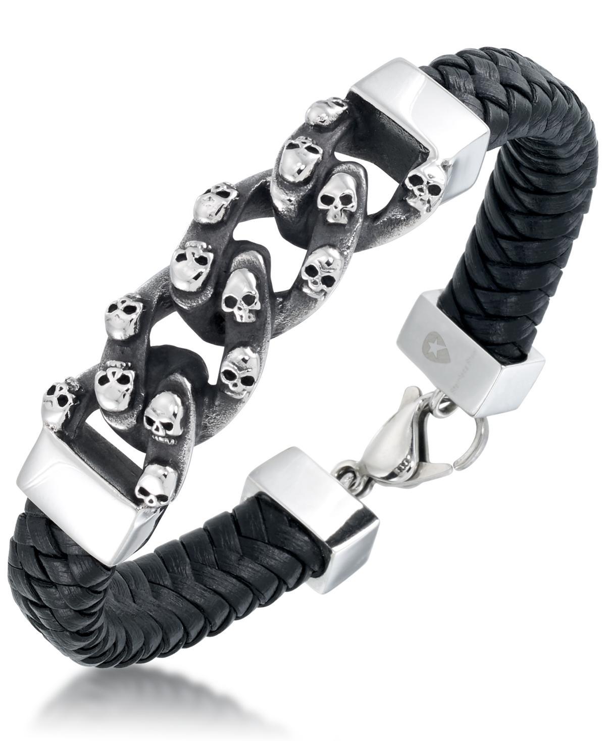 Andrew Charles by Andy Hilfiger Mens Skull Link Leather Bracelet in Stainless Steel Product Image