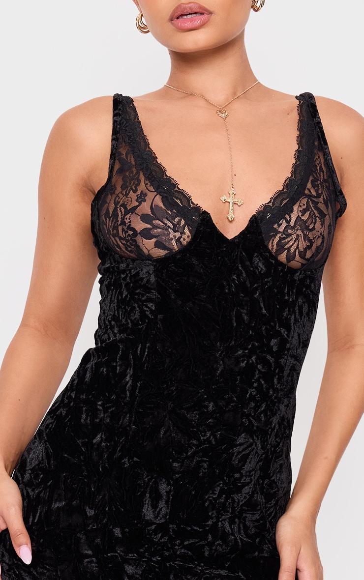 Petite Black Crushed Velvet Lace Detail Mini Dress Product Image