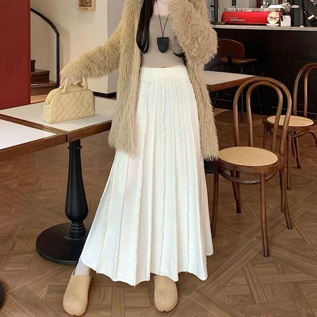 High Waist Plain Fringed Midi A-Line Knit Skirt Product Image