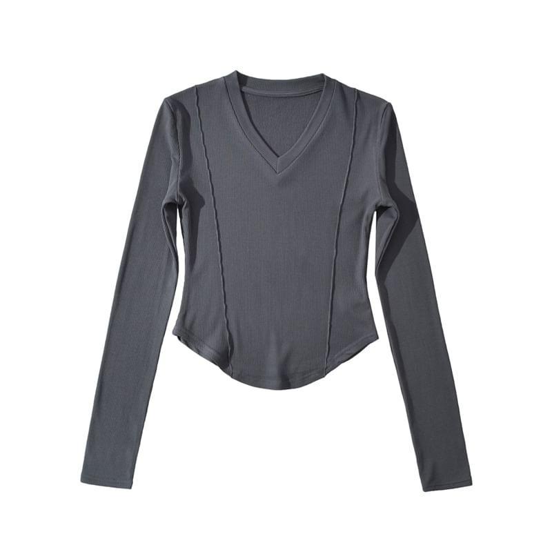 Long Sleeve V Neck Plain Cropped Tee Product Image