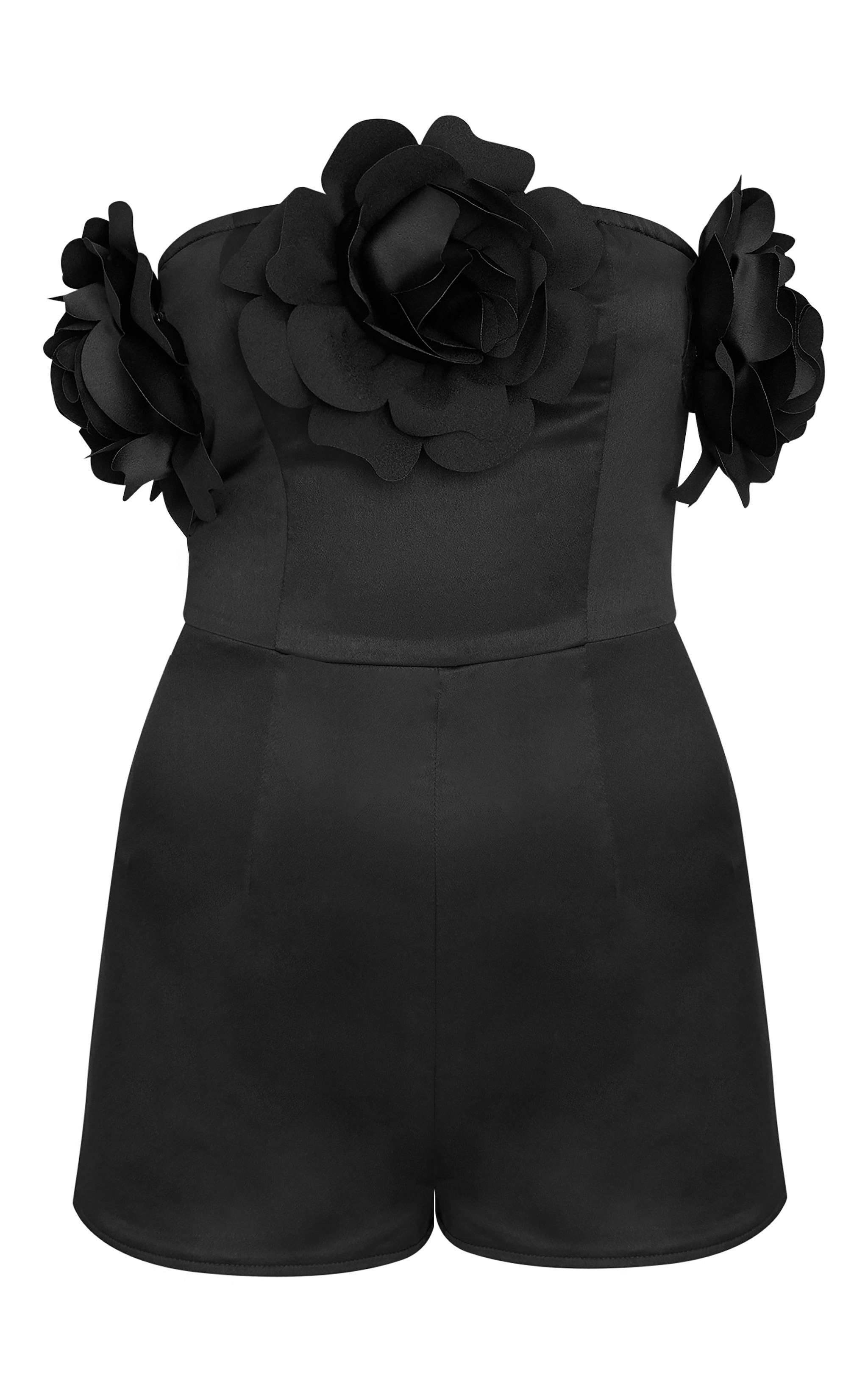 Black Satin Floral Corsage Detail Bandeau Romper Product Image