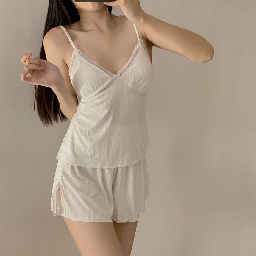 Pajama Set: Plain Camisole + Spaghetti Strap Nightdress + Elastic Waist Shorts + Tie Front Robe Product Image