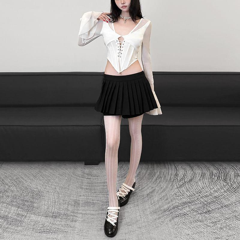 Bell Sleeve V-Neck Plain Lace Up Panel Mesh Top Product Image