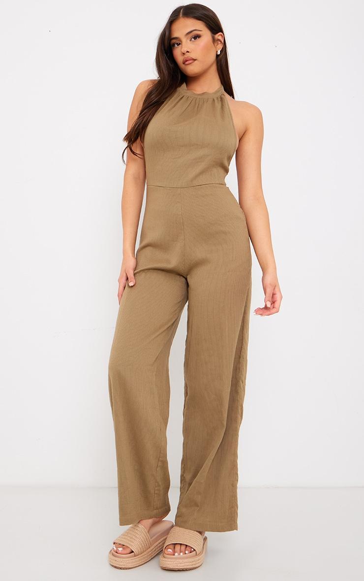 Taupe Textured Halterneck Low Back Jumpsuit Product Image