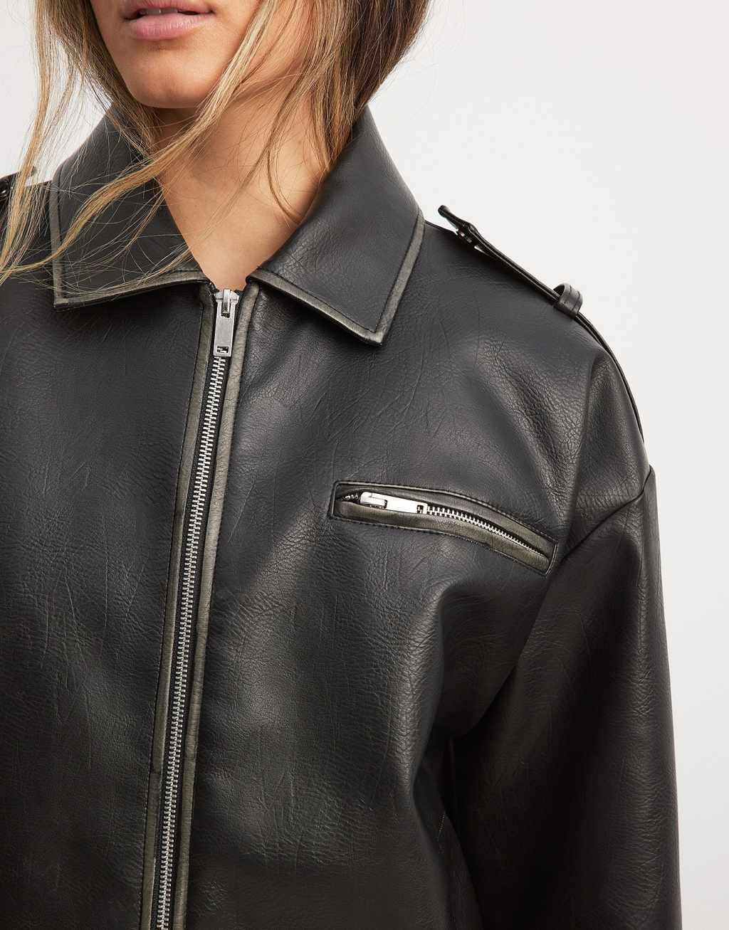 NA-KD washed faux leather bomber jacket in black Product Image