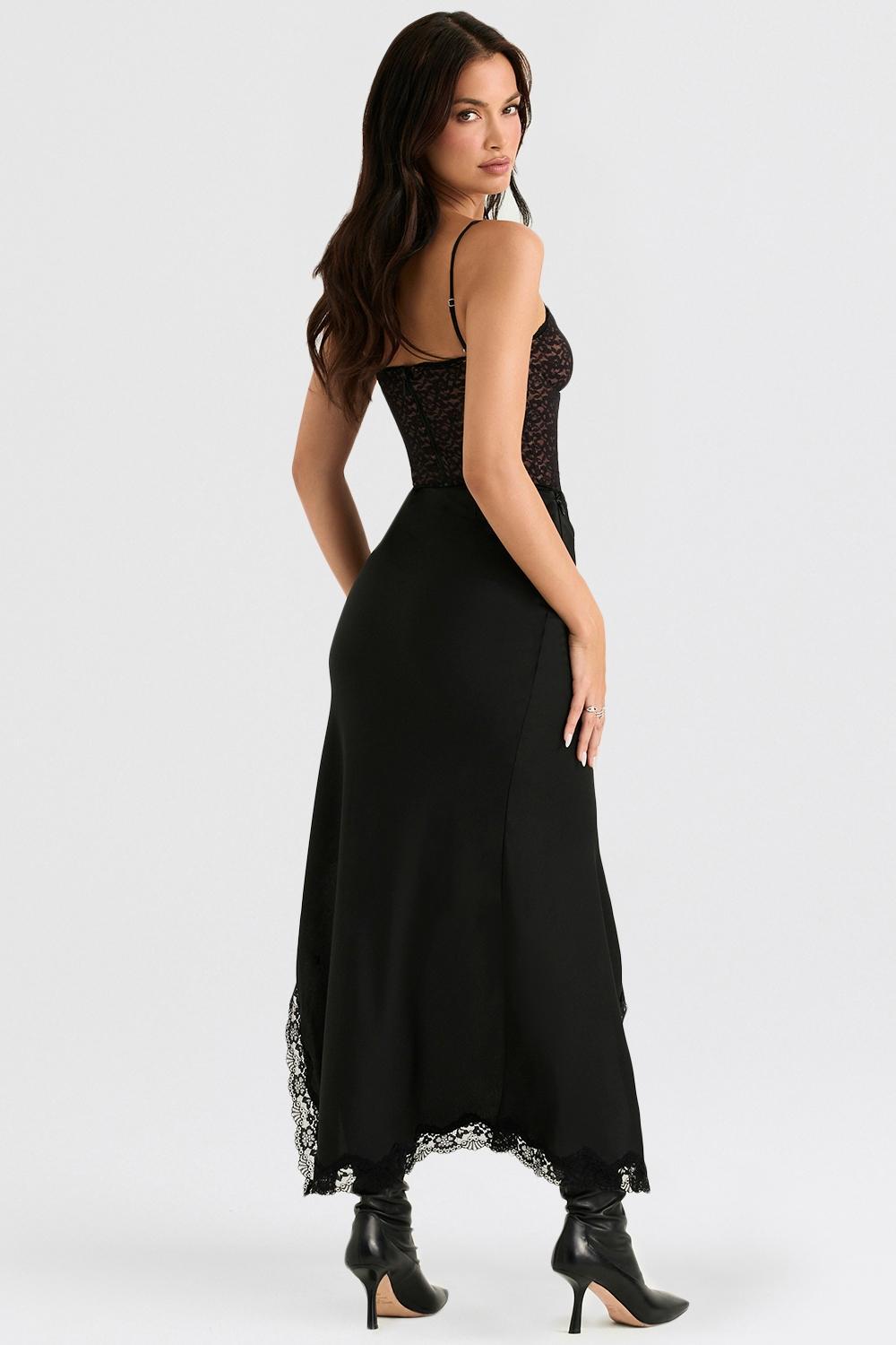 Ruby Black Satin Lace Trim Midi Skirt Product Image