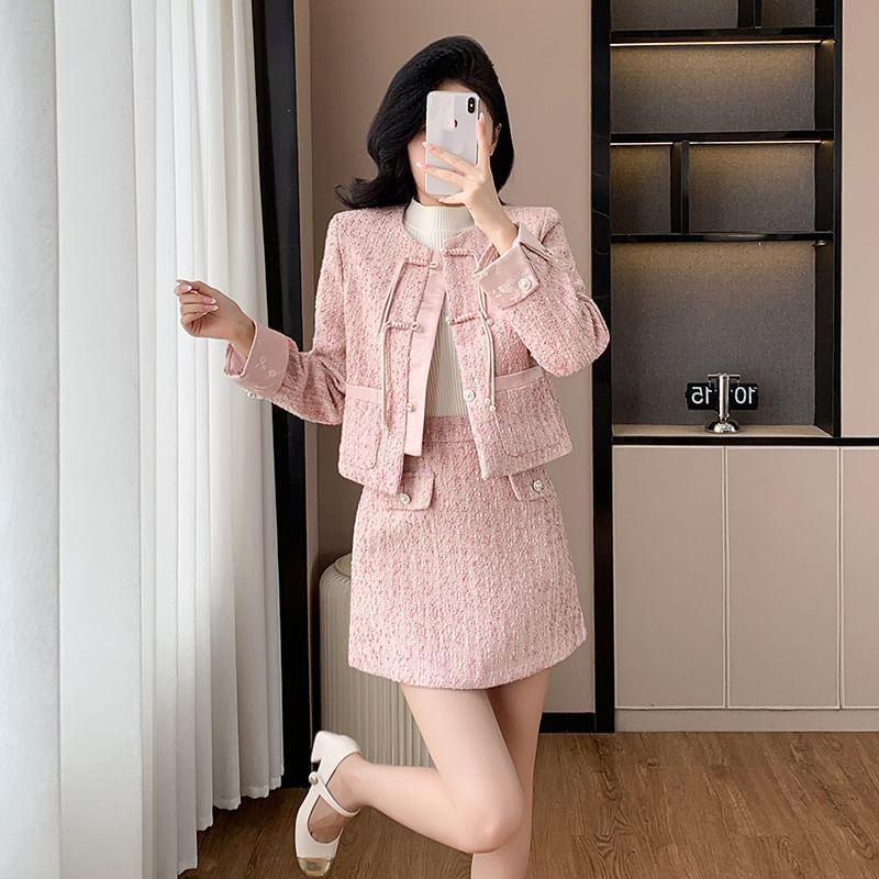 Set: Tweed Frog Buttoned Jacket + High Waist Mini A-Line Skirt Product Image