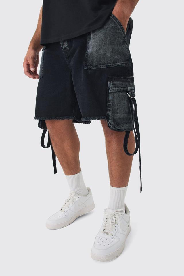 Plus Relaxed Rigid Cargo Pocket Denim Short In Washed Black | boohooMAN USA Product Image