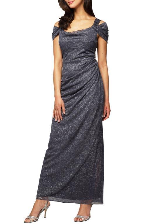 Alex Evenings Cold Shoulder Ruffle Glitter Evening Gown Product Image