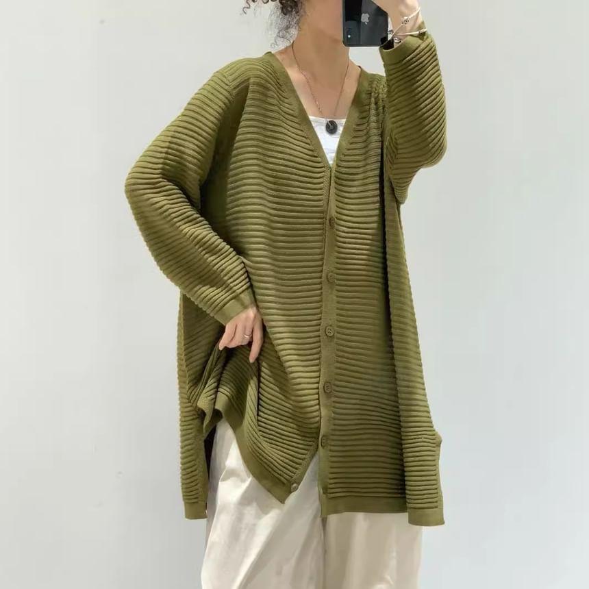 V-Neck Plain Ribbed Long Cardigan Product Image