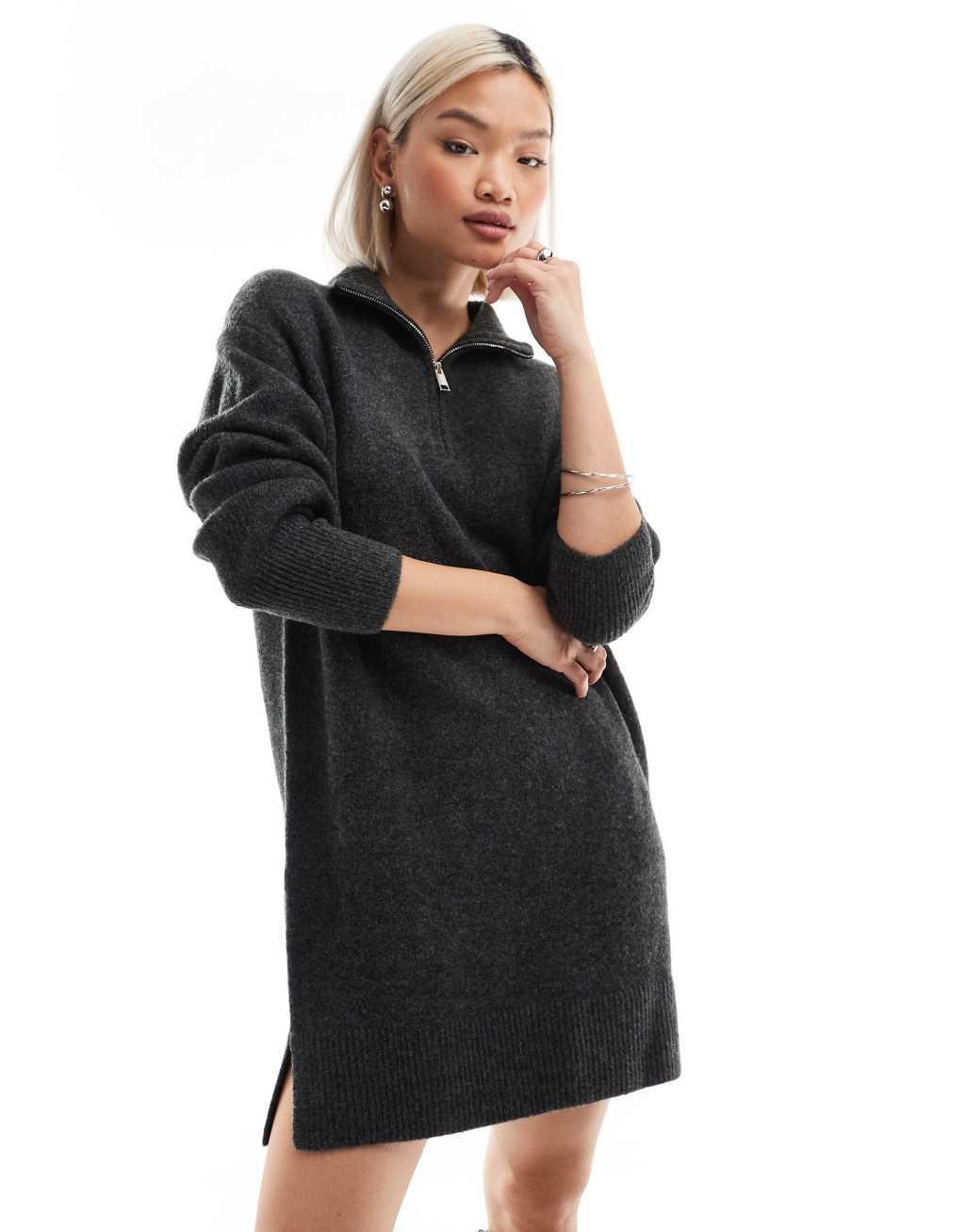 French Connection knit sweater dress with half zip in gray Product Image