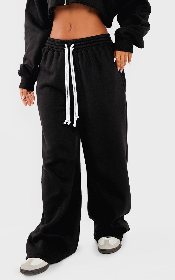 Petite Black Contrast Drawstring Wide Leg Sweatpants Product Image