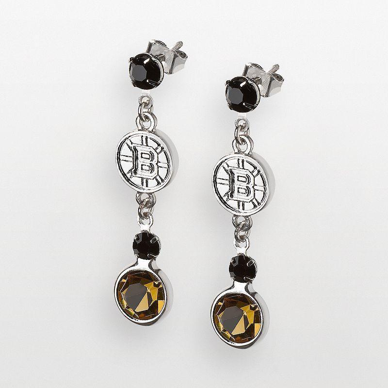 LogoArt Boston Bruins Silver Tone Crystal Logo Linear Drop Earrings, Womens Product Image