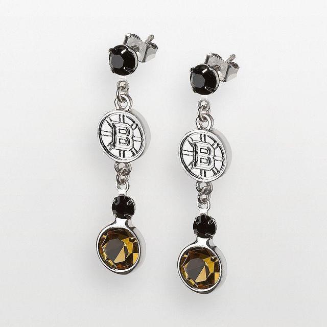 LogoArt Boston Bruins Silver Tone Crystal Logo Linear Drop Earrings, Womens Product Image