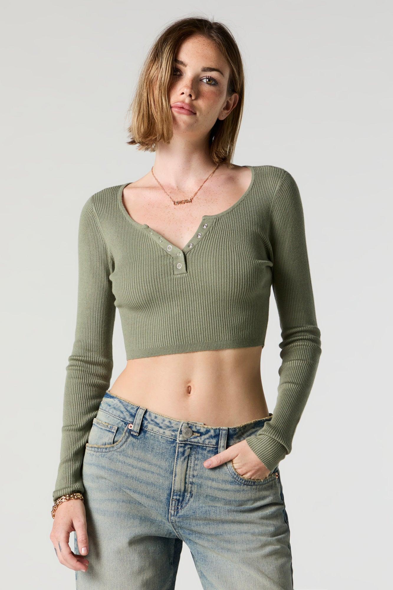 Ribbed Henley Long Sleeve Crop Top Female product image