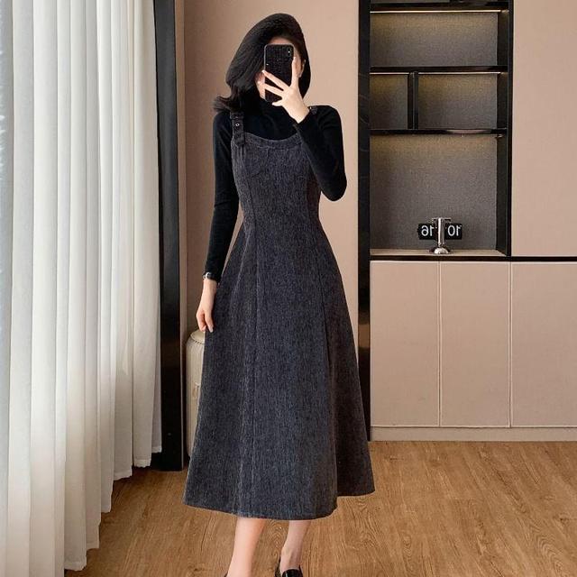 Set: Long-Sleeve Mock Neck Plain Tee + Midi A-Line Overall Dress Product Image