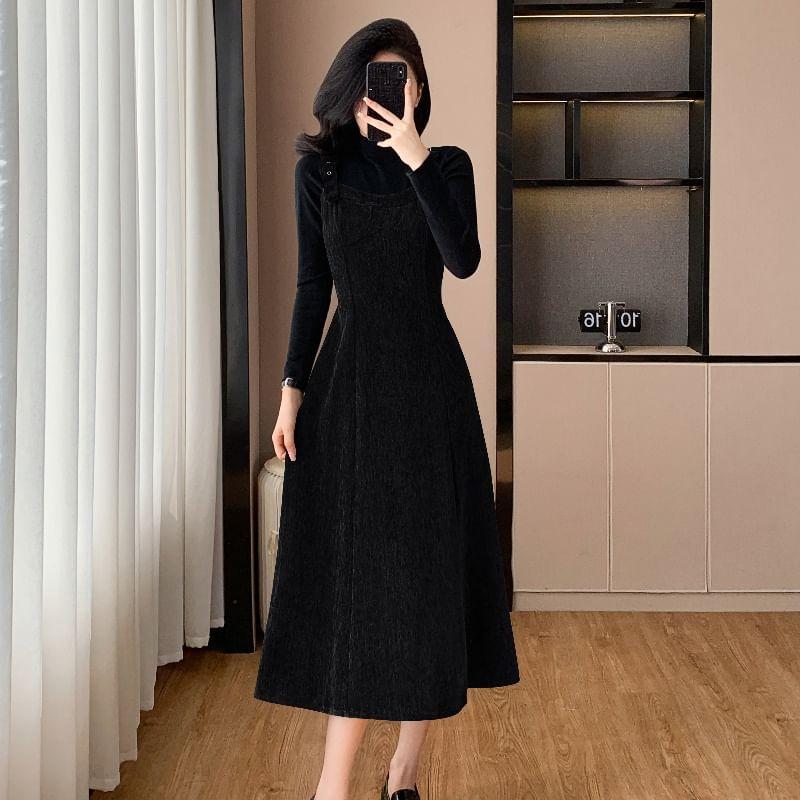 Set: Long-Sleeve Mock Neck Plain Tee + Midi A-Line Overall Dress Product Image