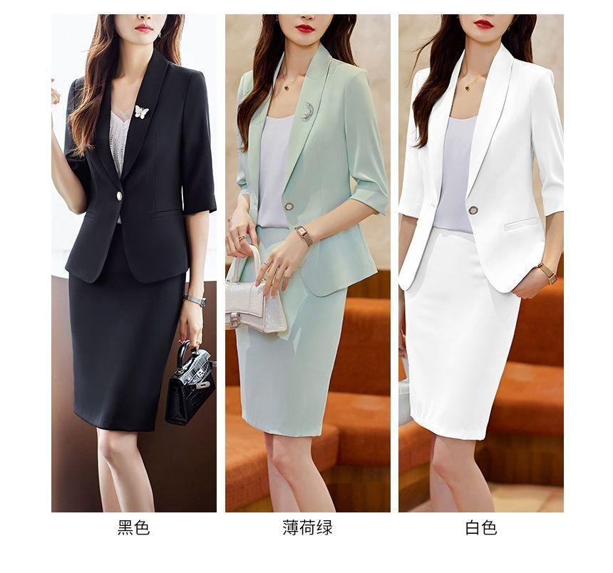 3/4-Sleeve Plain One-Buttoned Blazer / Mini Pencil Skirt Product Image