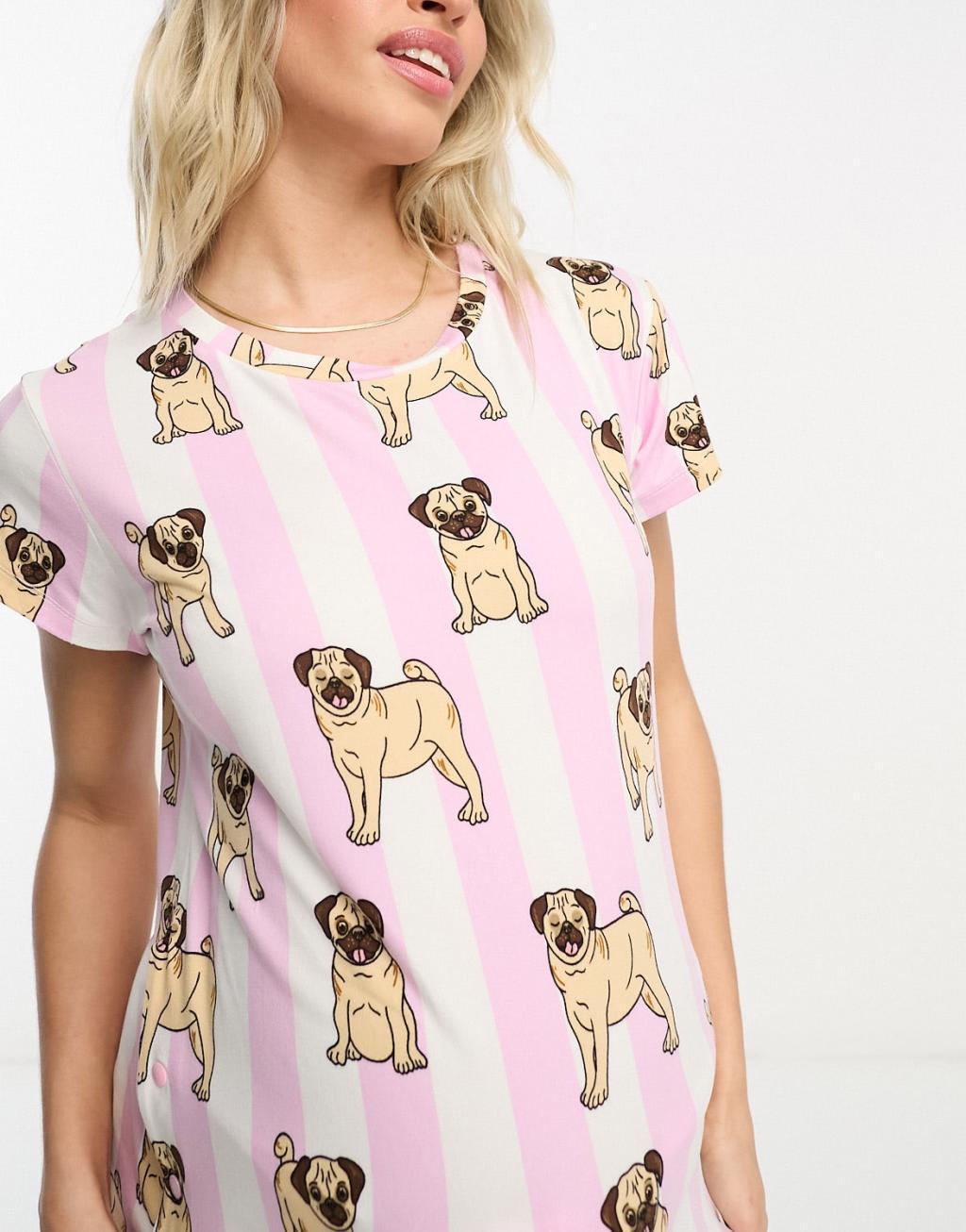 Chelsea Peers Maternity short pajama set in pink and white pug stripe Product Image