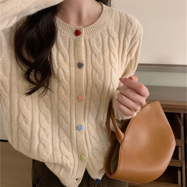 Round Neck Heart Button Cable Knit Cardigan Product Image