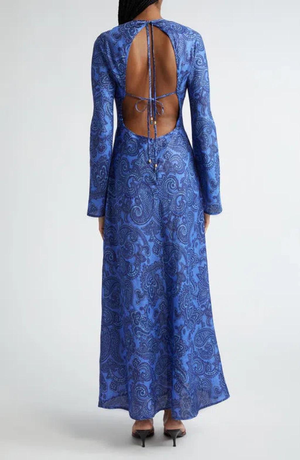 ZIMMERMANN Ottie Backless Linen Bias-cut Maxi Dress In Blue Paisley Product Image